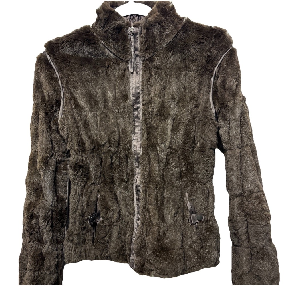 June Brown Reversible Genuine Rabbit Fur Jacket Womens Small Quilted Ruched - Picture 2 of 14